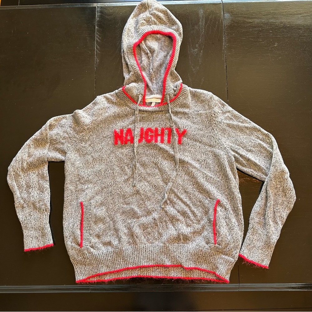 Victoria Secret Large Gray and Red Naughty or Nice Hoodie Sweatshirt